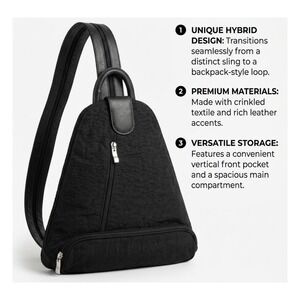 Baggallini Black Crinkle Textile Hybrid Sling Backpack Convertible Bag